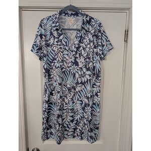 Lilly Pulitzer Dunn Downtime Jersey XL Dress Blue Floral Short Sleeve Collared